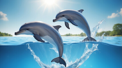 Fototapeta premium Playful Dolphins in Crystal Blue Waters, graceful movement of the dolphins bring a sense of freedom and harmony with nature