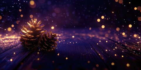 Festive Christmas background featuring twinkling lights and a pine cone on a dark wooden surface adorned with golden glitter
