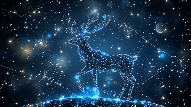 Reindeer constellation glowing brightly among stars in a winter cosmic theme