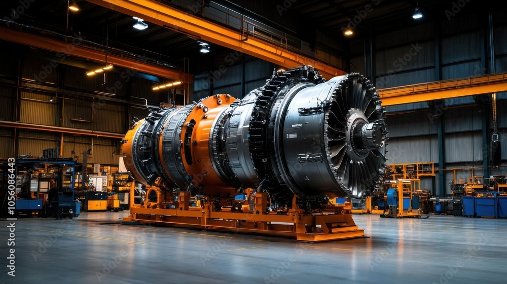 Poster massive mechanical engine in workshop setting