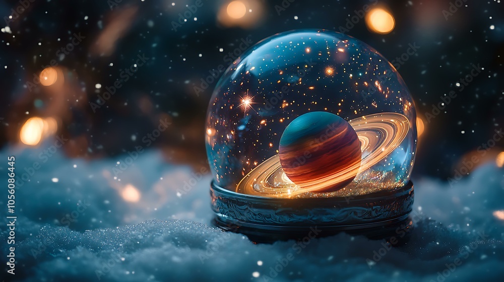 Wall mural snow globe with a miniature galaxy inside, featuring tiny planets and glowing stars