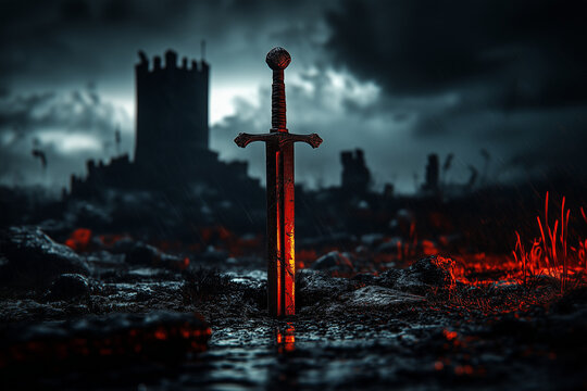 Ancient sword embedded in the ground on a battlefield on a medieval castle background.