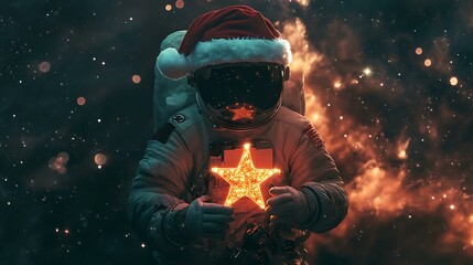 Astronaut wearing a Santa hat holding a glowing Christmas star in the middle of a nebula