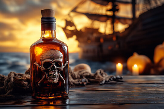 Bottle of rum with a pirate skull on an old wooden table, tavern background.
