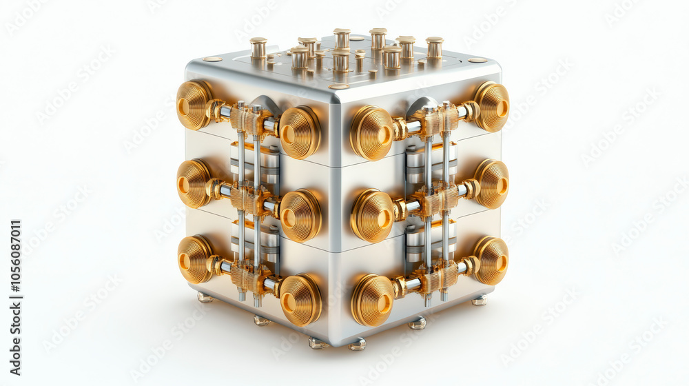Poster a futuristic metallic cube with gold-toned components and intricate piping, resembling a high-tech d