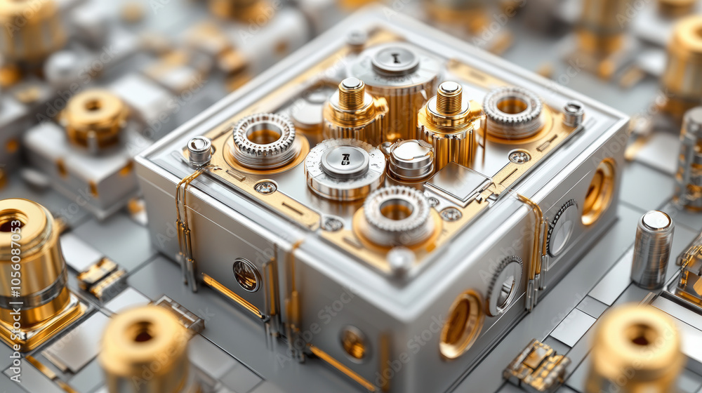 Poster a close-up of intricate mechanical gears and components in silver and gold, resembling a futuristic 