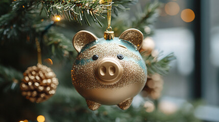 festive holiday image featuring a small piggy bank adorned with Christmas decorations, hanging on a Christmas tree branch, symbolizing financial goals, holiday savings, and prosperity