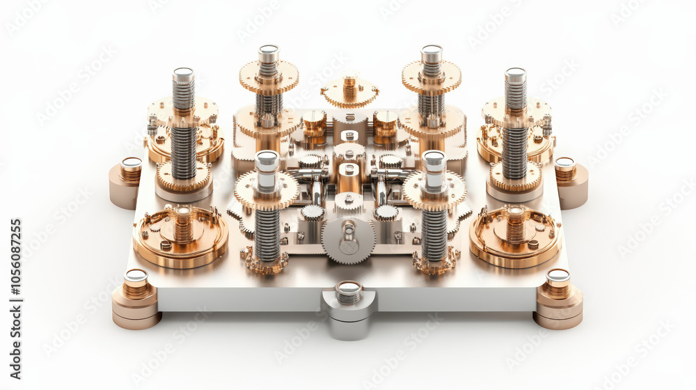 Poster a complex mechanical device with gears and screws, possibly a component of a precise machine or inst