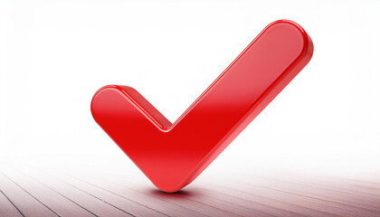 Red check mark icon. Symbol of approval. 3D rendering, modern illustration. Light backdrop.