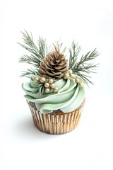 Festively Decorated Cupcake With Mint Green Frosting and Pinecone on a White Background During the Holiday Season