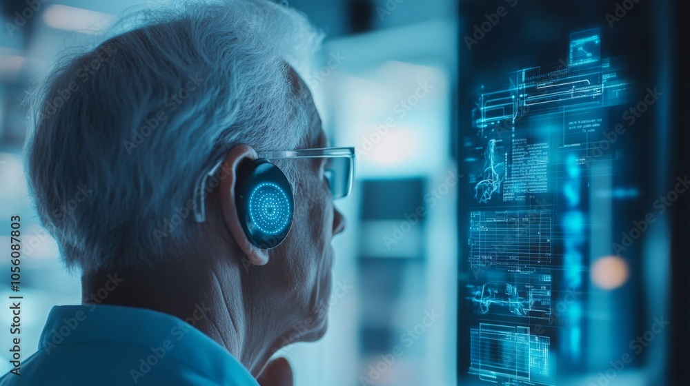 Leinwandbilder An elderly man wearing advanced headphones engages with a high-tech digital display in a modern office. The vibrant interface shows data and graphics, highlighting the merging of technology and age.