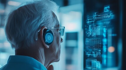 An elderly man wearing advanced headphones engages with a high-tech digital display in a modern office. The vibrant interface shows data and graphics, highlighting the merging of technology and age.