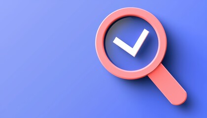 Magnifying glass highlighting white checkmark on blue backdrop, quality assurance and attention to detail concept