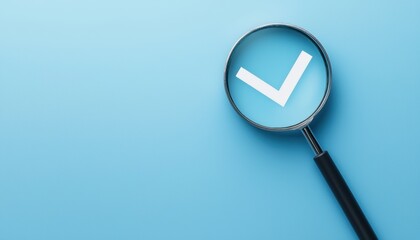 Magnifying glass highlighting white checkmark on blue backdrop, quality assurance and attention to detail concept