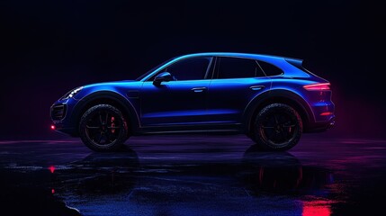 Unleash Adventure: Stunning SUV Poster Featuring Bold Blue and Red Lights, Showcasing Off-Road Power in a Reflective Finish – Perfect for Sports Interiors!