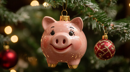 festive holiday image featuring a small piggy bank adorned with Christmas decorations, hanging on a Christmas tree branch, symbolizing financial goals, holiday savings, and prosperity