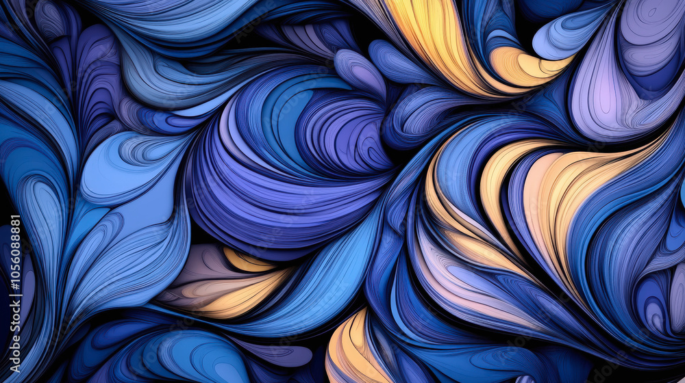 Poster this image features an abstract swirl of vibrant blue and yellow waves, creating an intricate, flowi