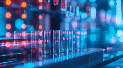 Test tubes with bokeh lights in a futuristic lab setting
