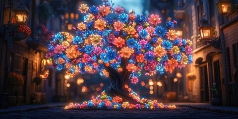 Defocused artificial tree adorned with vibrant LED flowers, creating a whimsical light display