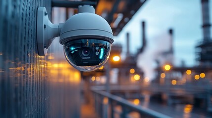 Urban Surveillance Camera with LED Lights Capturing Cityscape in Evening Atmosphere