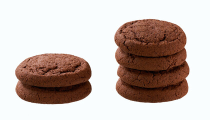Stack of round chocolate cookies isolated on white background.