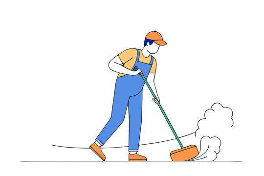 recommend clip art: Flat Line Art of Janitor Cleaning Floor Mopping Vector Design