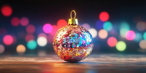 Fototapeta premium Sparkling Christmas ornament with sequins and golden rope, perfect for holiday decorations