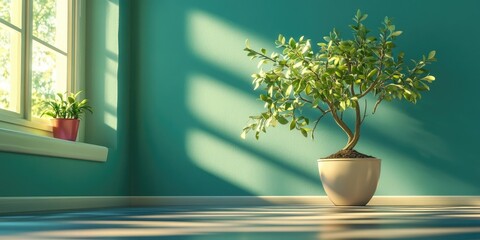 Indoor small tree adding a touch of greenery to the room decor, enhancing ambiance