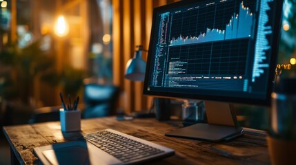 A modern workspace featuring data visualization displayed on a sleek computer screen for analysis and productivity