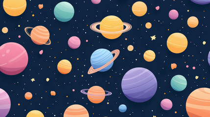Colorful cartoon planets with rings and stars scattered across a dark blue starry background, creating a playful outer space scene.
