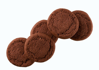 Chocolate cookies isolated, top view. Round chocolate cookies isolated on a white background, top view.
