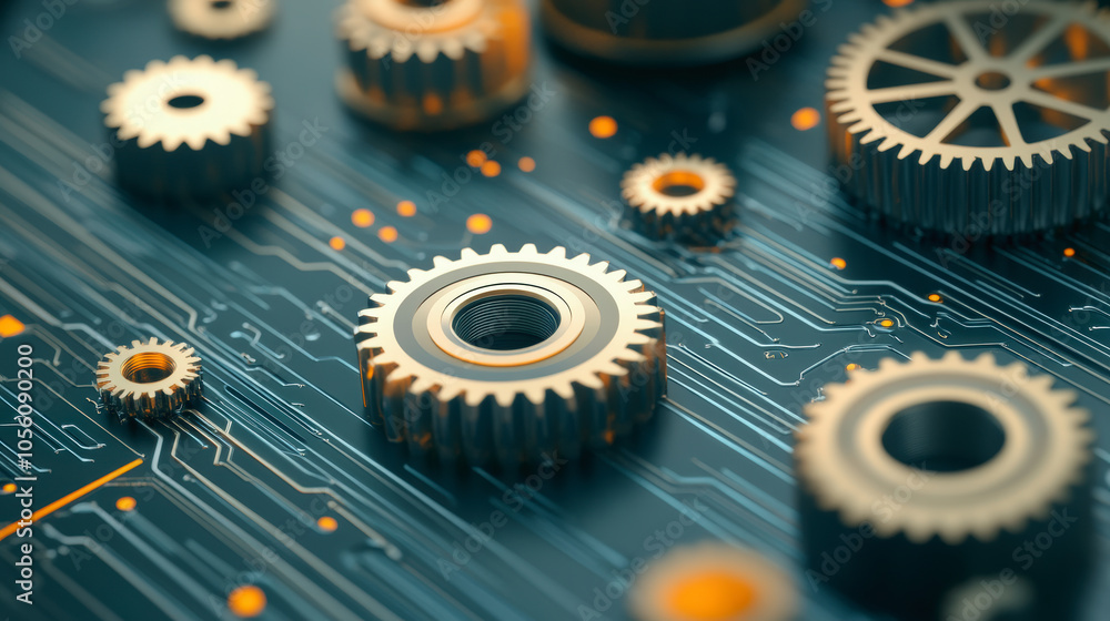 Poster gears displayed on a circuit board, symbolizing the integration of mechanical engineering with moder