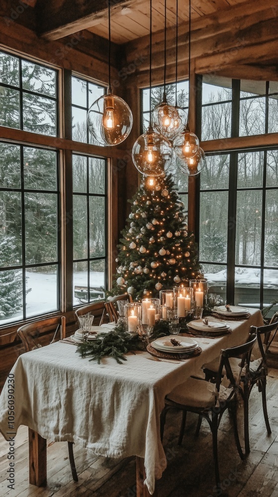 Poster a table with a christmas tree and candles on it