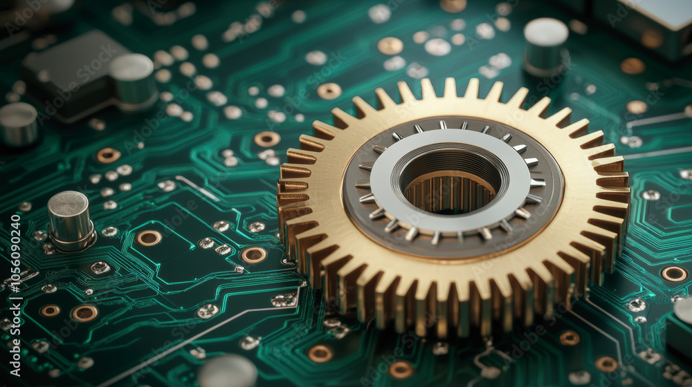 Poster a close-up of a computer motherboard featuring a gold gear, highlighting intricate circuits and tech