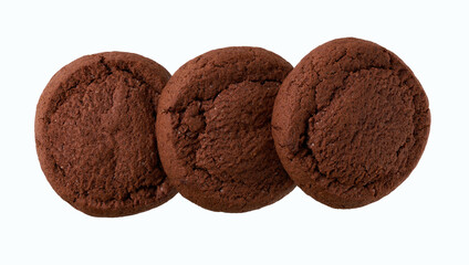 Chocolate cookies isolated, top view. Round chocolate cookies isolated on a white background, top view.