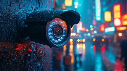 Urban Surveillance Camera with LED Lights Capturing Cityscape in Evening Atmosphere