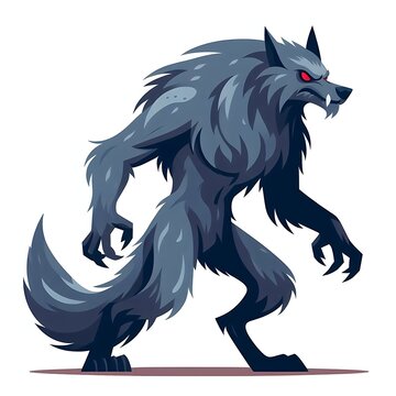 gray werewolf walking, red eyes, cartoon style