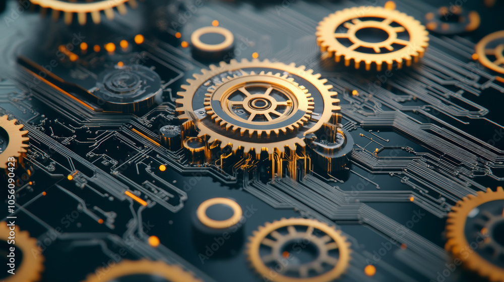 Poster golden gears intricately interlock on a digital circuit board, symbolizing the fusion of mechanical 