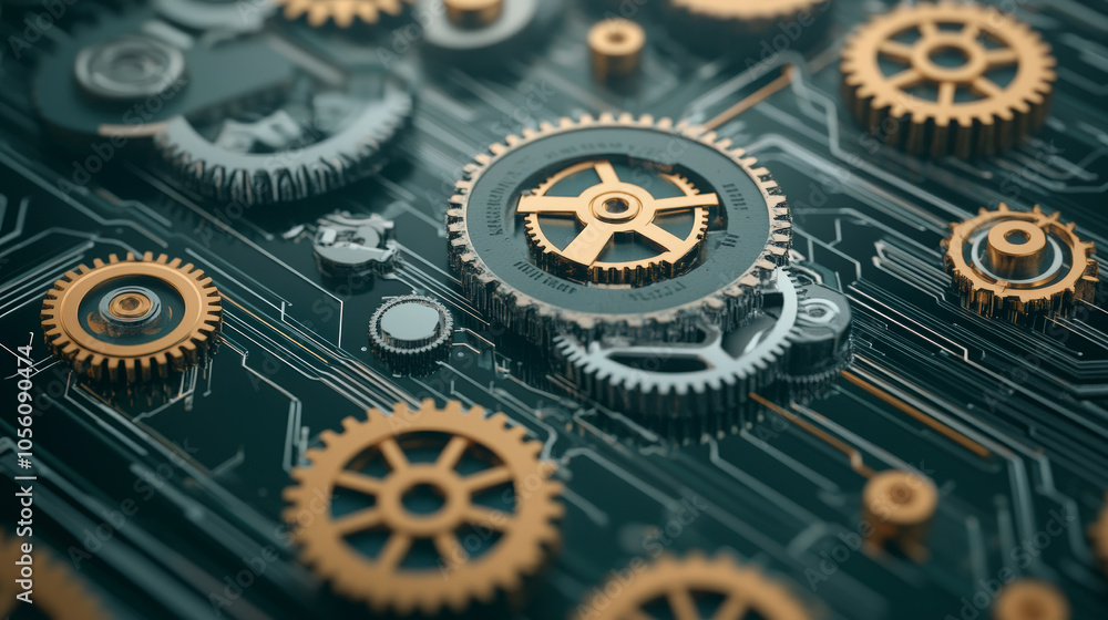 Poster intricate gears interlock seamlessly with circuit patterns, symbolizing the fusion of mechanical eng