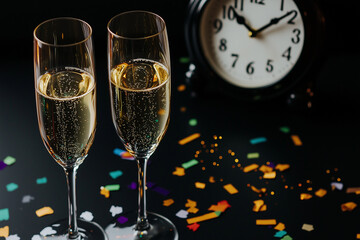 Minimalist New Year's Eve setup with sparkling champagne glasses, clock and confetti on black table. Generative AI