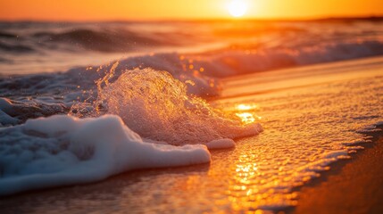 Close-up of a foamy wave crashing onto the shore at sunset, the sun reflecting off the water in a golden glow.