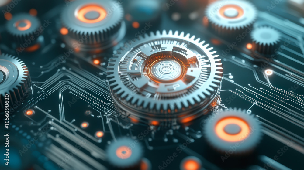 Poster a futuristic circuit board featuring intricate gears and glowing orange elements, illustrating the f