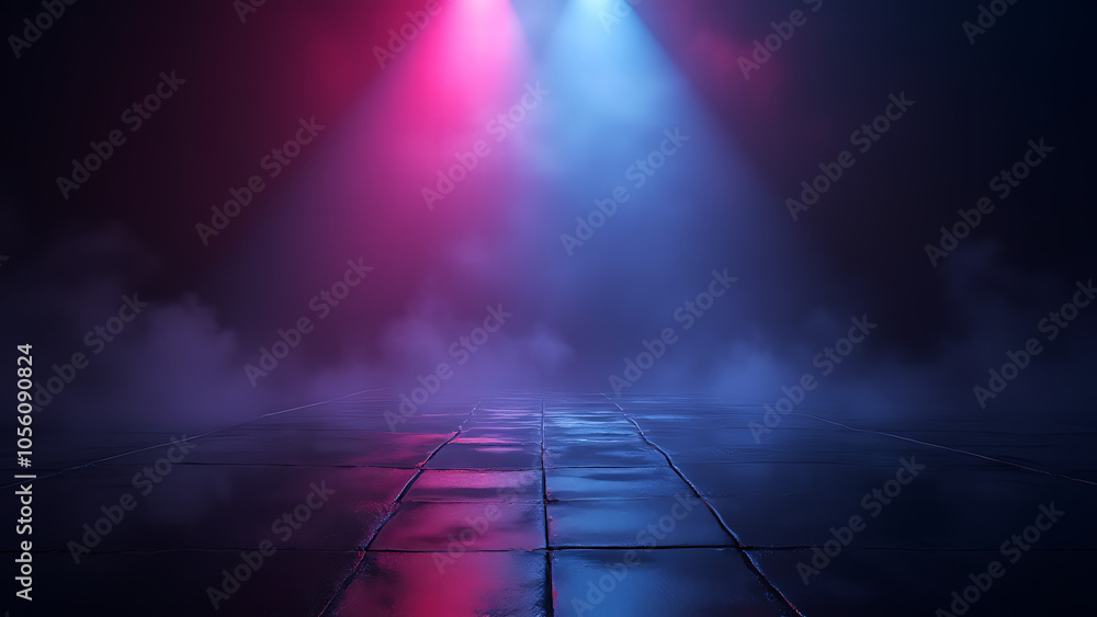 Poster neon rays shine on dark wet asphalt reflecting empty stages and dark abstract backgrounds with smoke