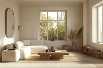 Minimalist living room design that maximizes natural light for a bright atmosphere. Generative AI