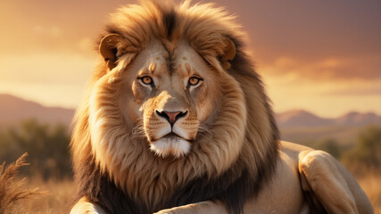 Naklejka premium Majestic Lion in Golden Sunlight, basking in the warm glow of the setting sun