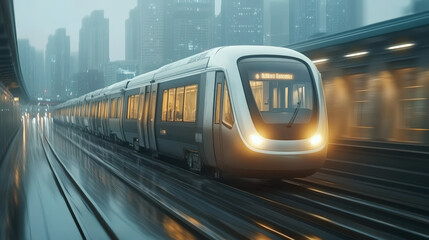 Naklejka premium A modern train speeds through a misty urban landscape, city lights reflecting off wet tracks, evoking a sense of motion and urban life.