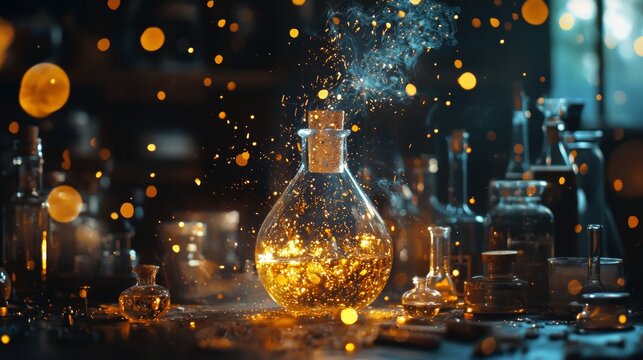 In a mystical lab, a captivating alchemy experiment reveals a sparkling elixir filled with glowing particles