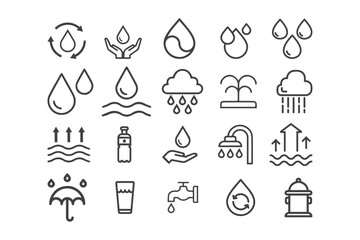 Water line icon set. Raindrops, glass, purification filter,  pure aqua outline vector illustration. The linear pictogram for a drink. 