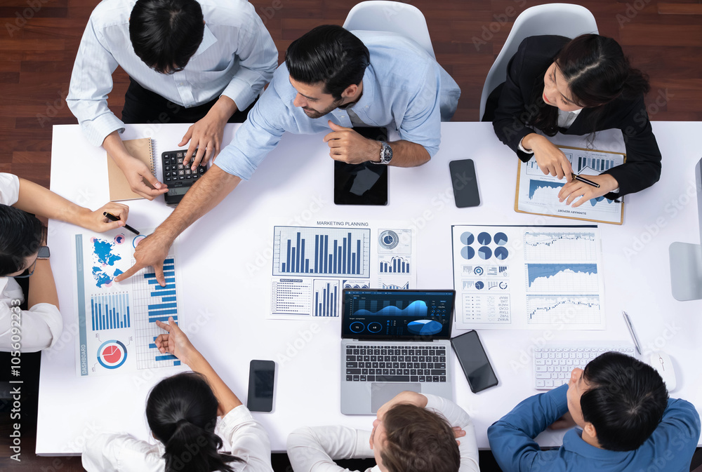 Poster top view analyst team utilizing bi fintech to analyze financial data at table in meeting room. analy