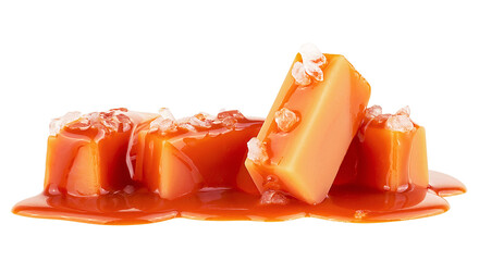 Caramel candies topped with melted caramel sauce and sea salt crystals isolated on a white...